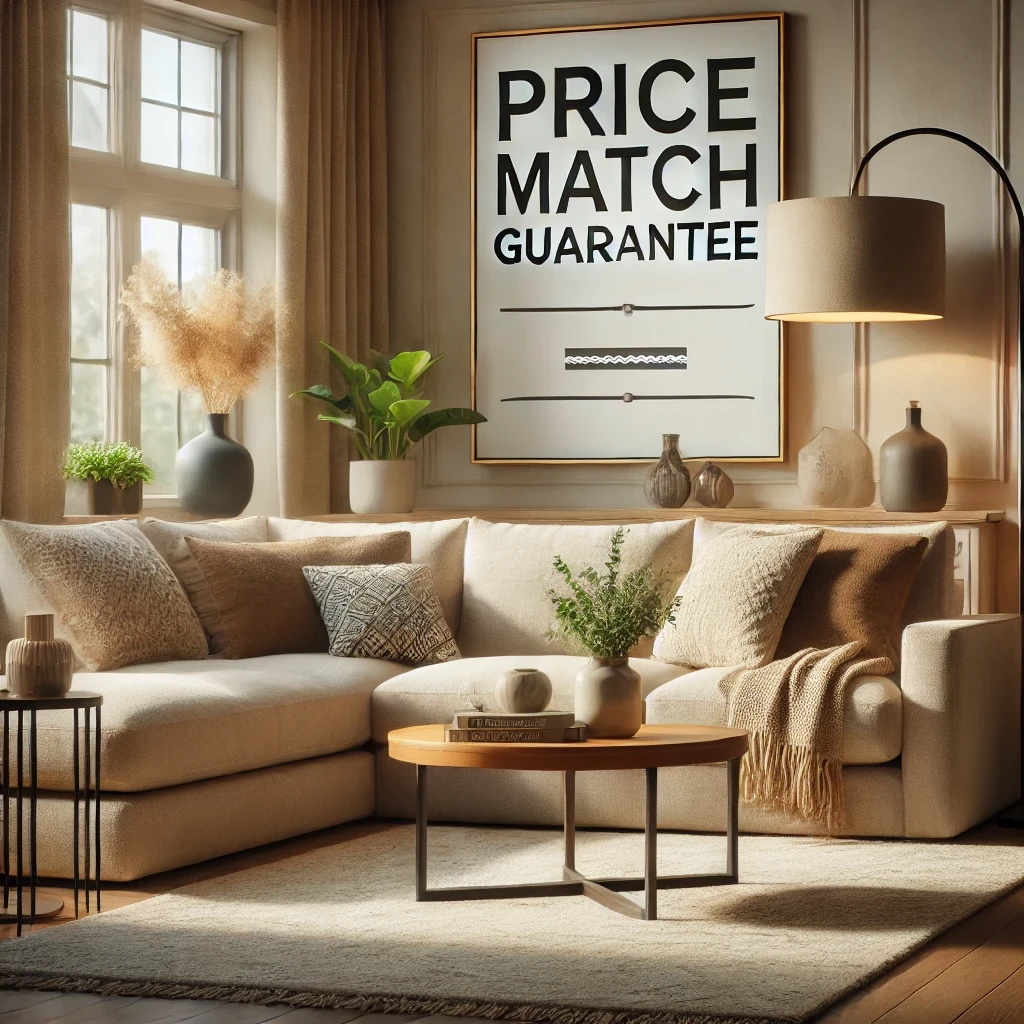 Stylish living room with beige sectional sofa, wooden coffee table, and a sign reading “Price Match Guarantee”