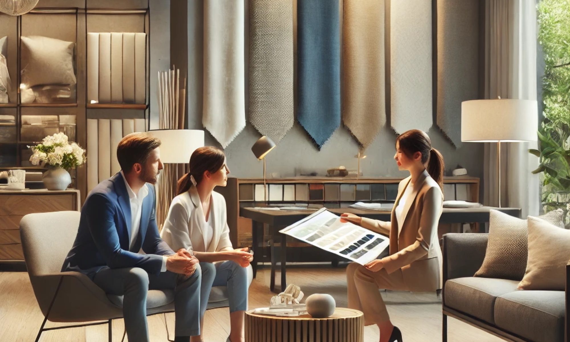 Couple seated on a sofa reviewing fabric swatches with a design specialist during a home furnishing consultation