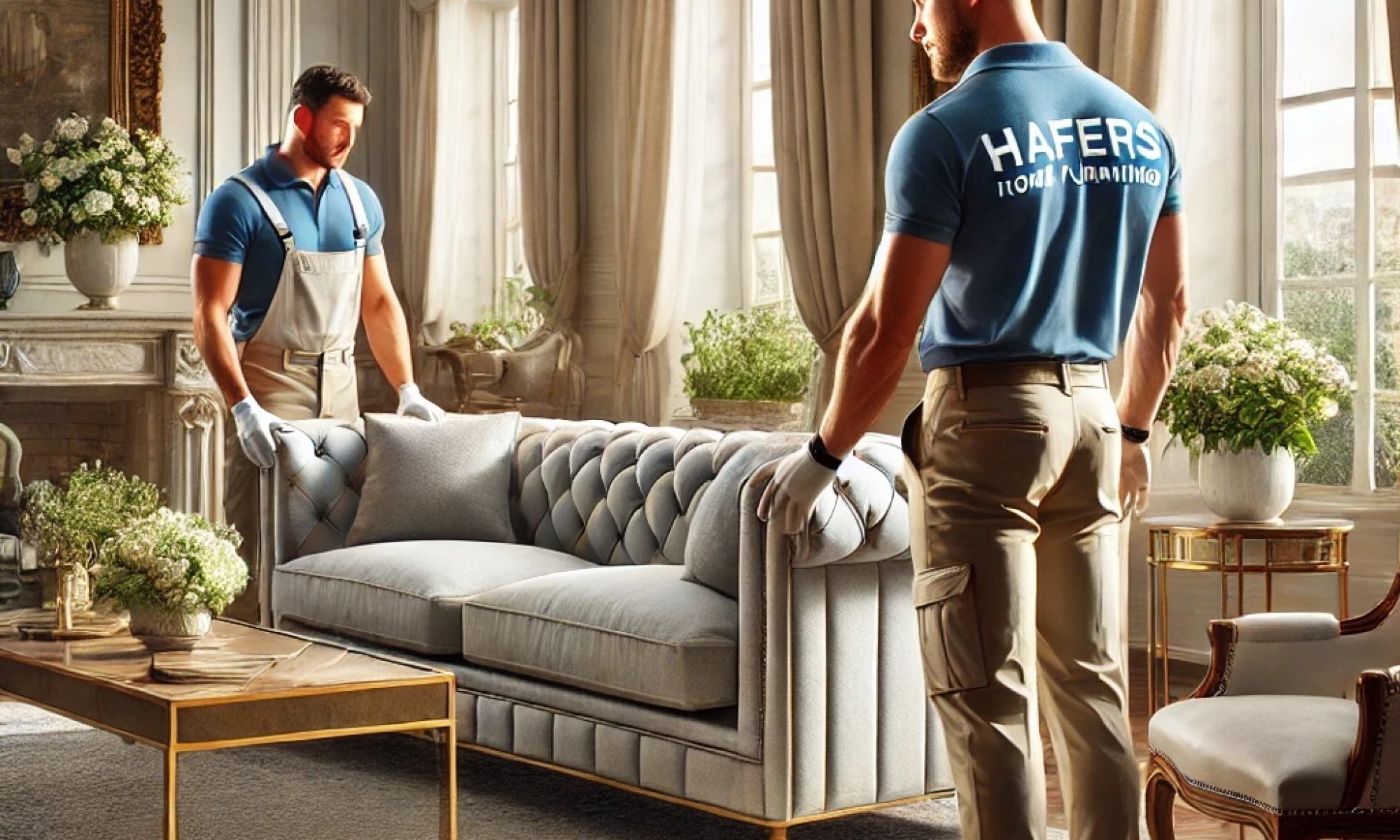 Two Hafers Home Furnishings delivery professionals placing a tufted sofa in a luxury living room with white gloves