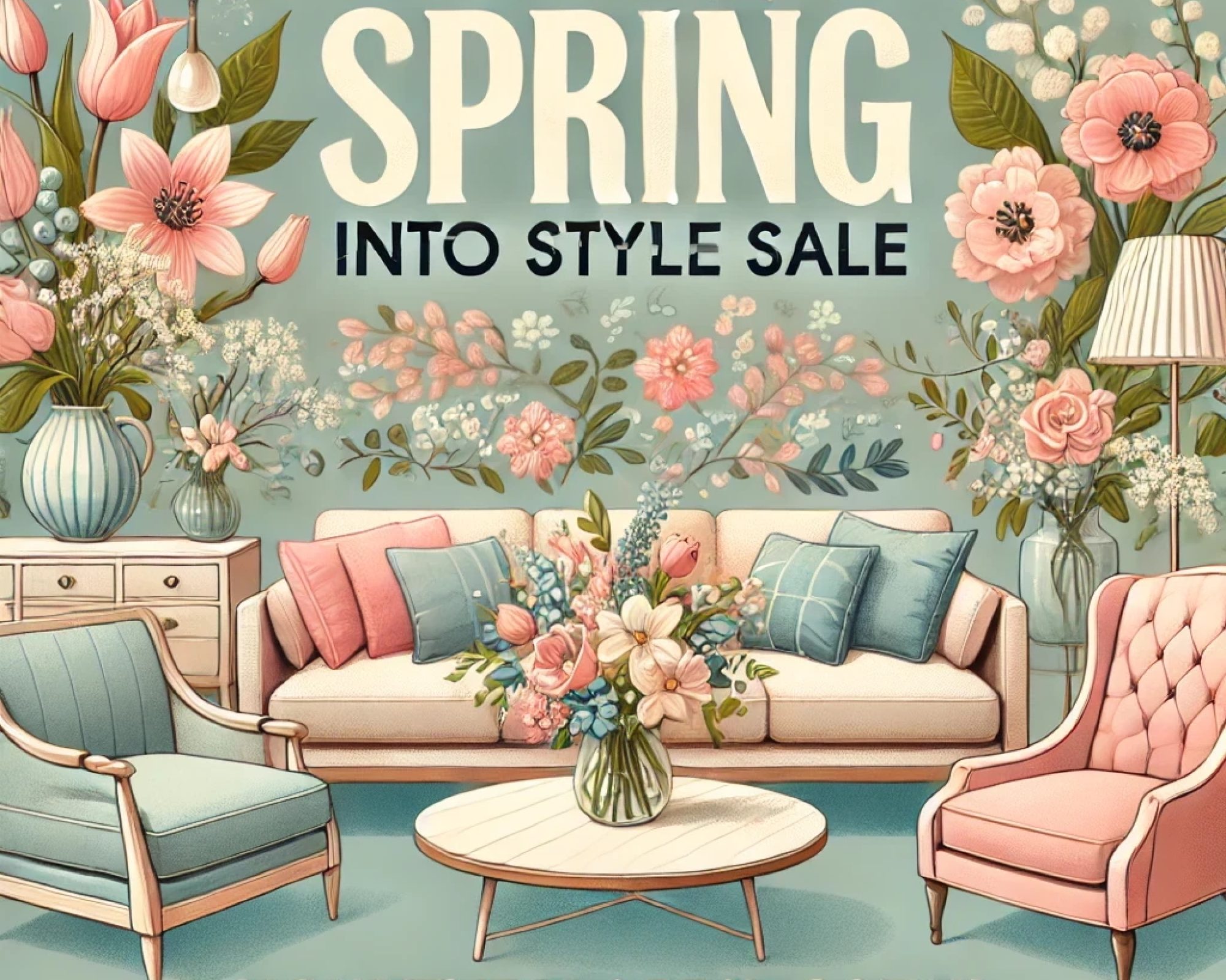 Spring furniture sale banner with blooming flowers, elegant pastel furniture, and promotional text for Hafers Home Furnishings.